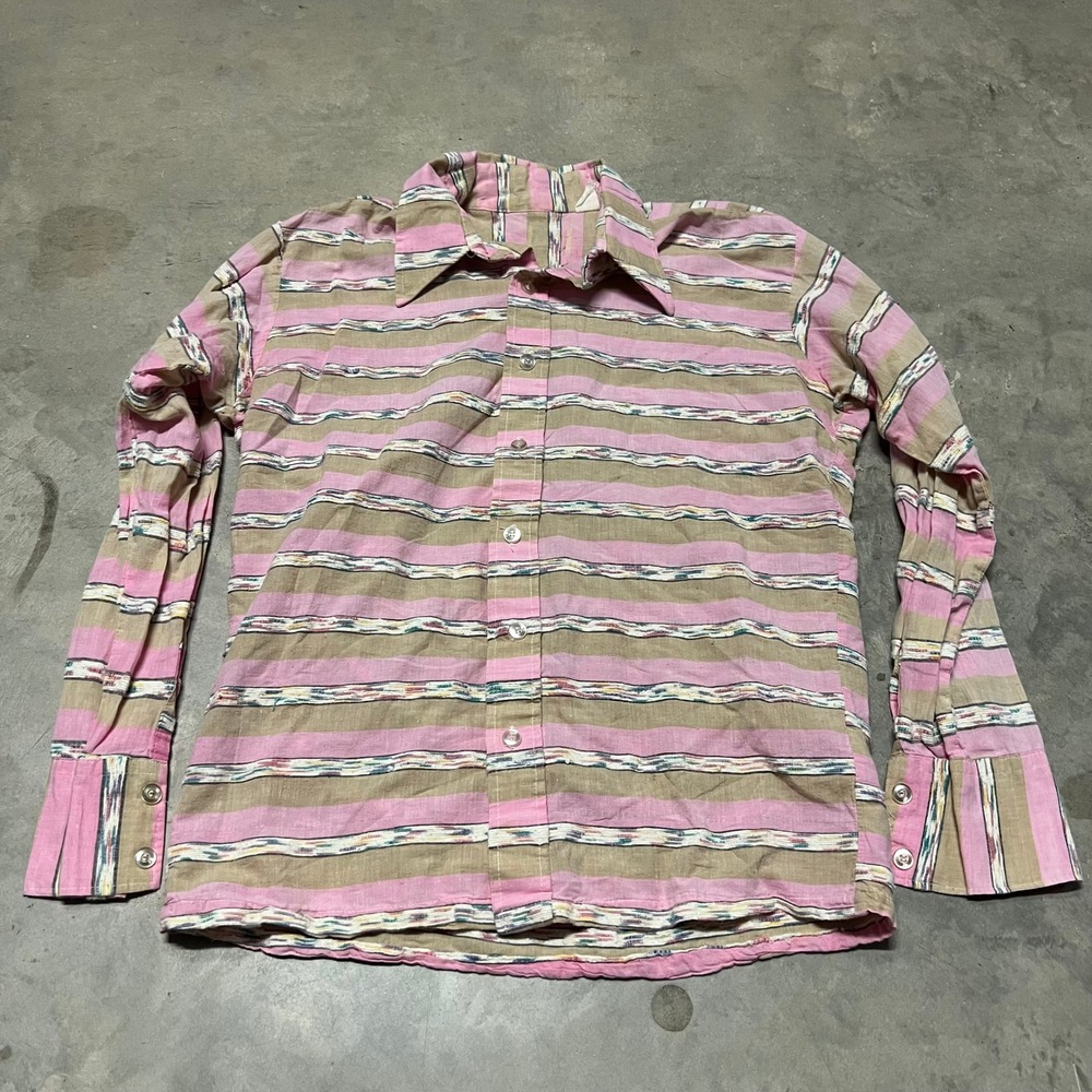 Vintage Pink Tan Striped Button Up Shirt Cotton Textured Detail Large Retro